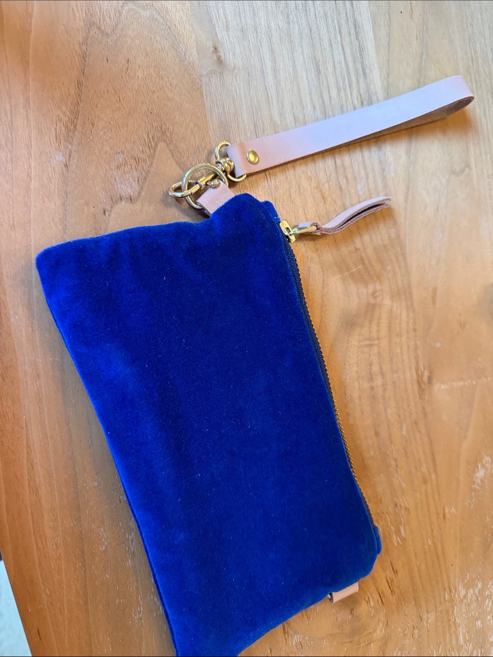 Blue Velvet Wristlet Clutch with Leather Strap